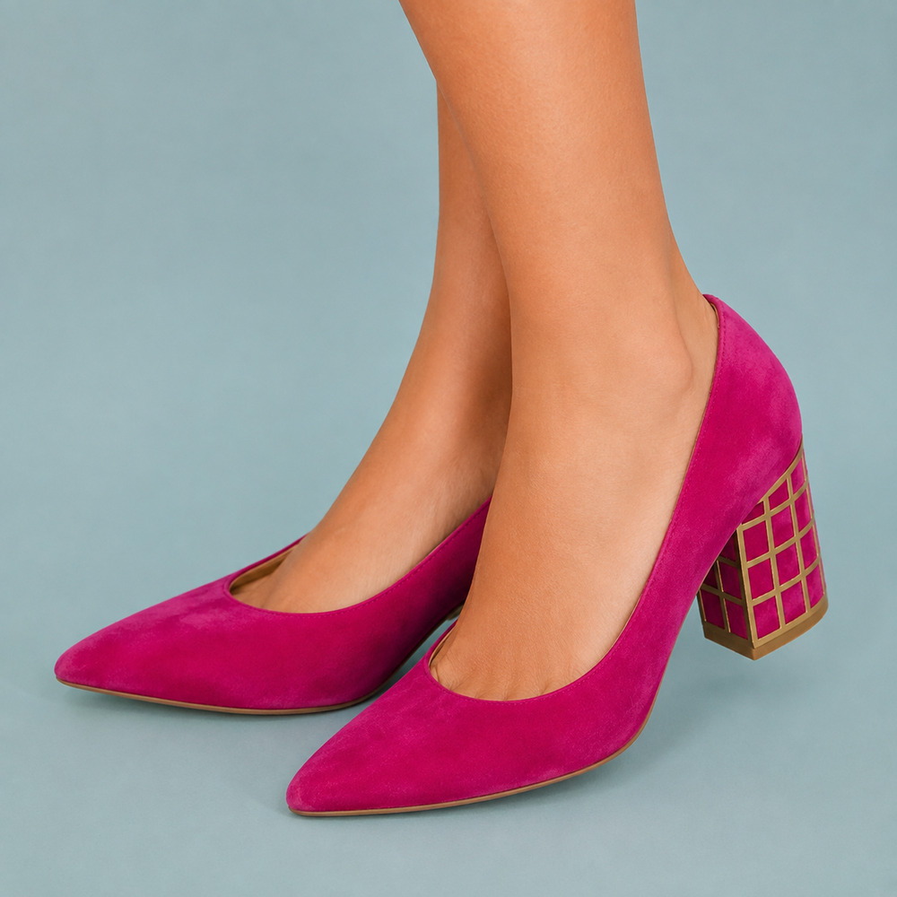 Brian Atwood Size 8.5 Karina Pink Suede Pointed Toe Gold Geometric Block Pumps